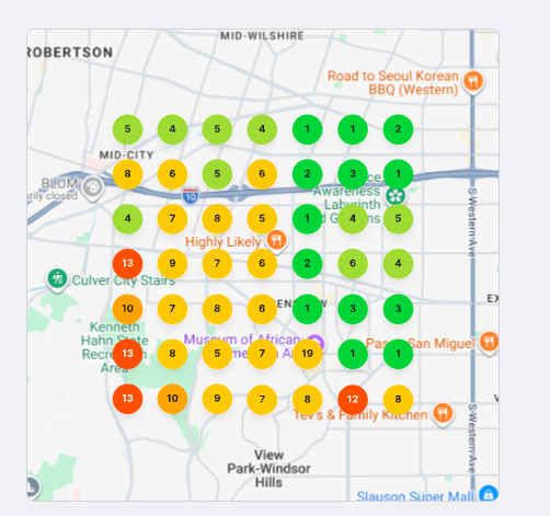 Geo-grid rank map showing how a local business ranks across town