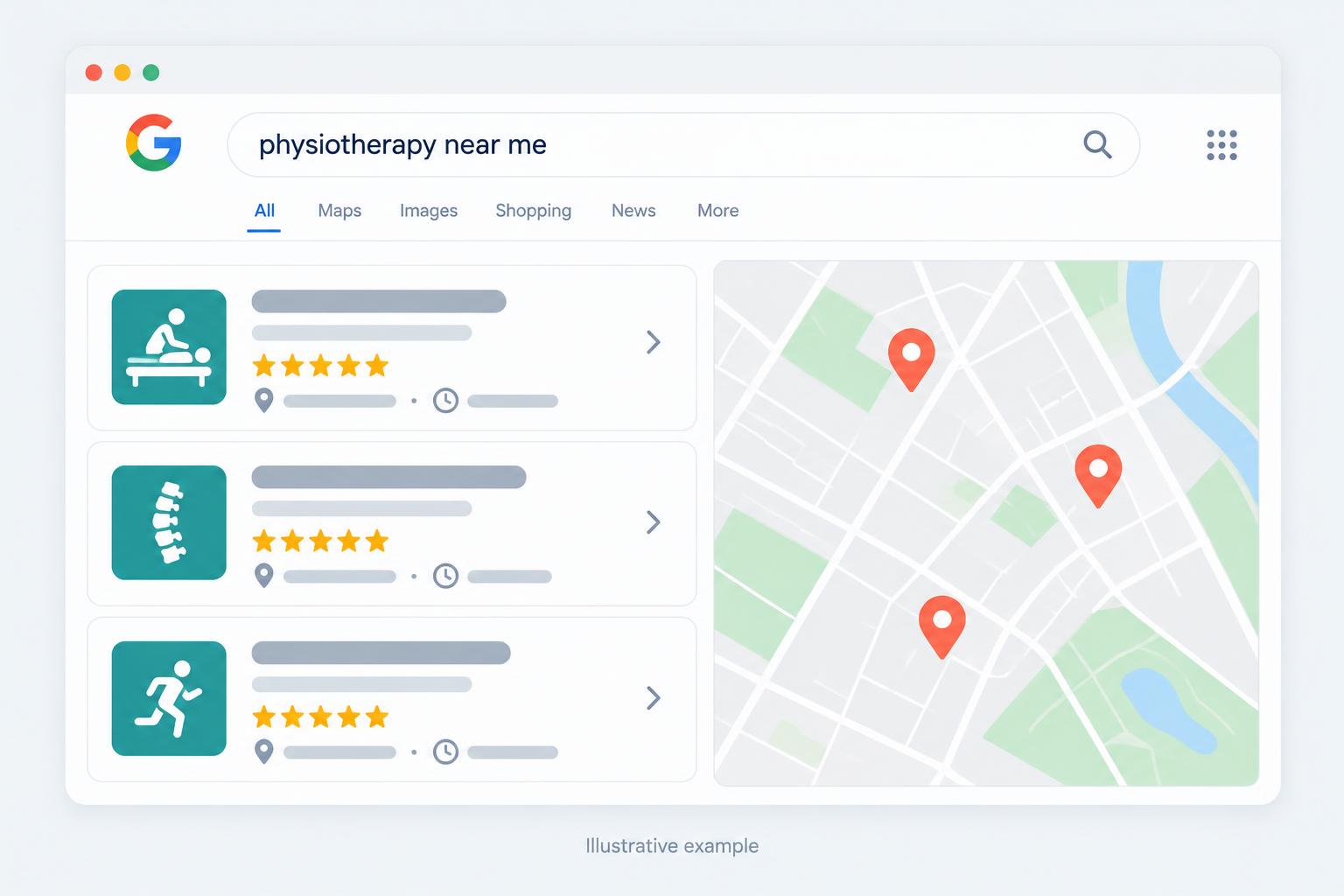 Illustration of a Google local map pack for physiotherapy searches with three business listings and map pins