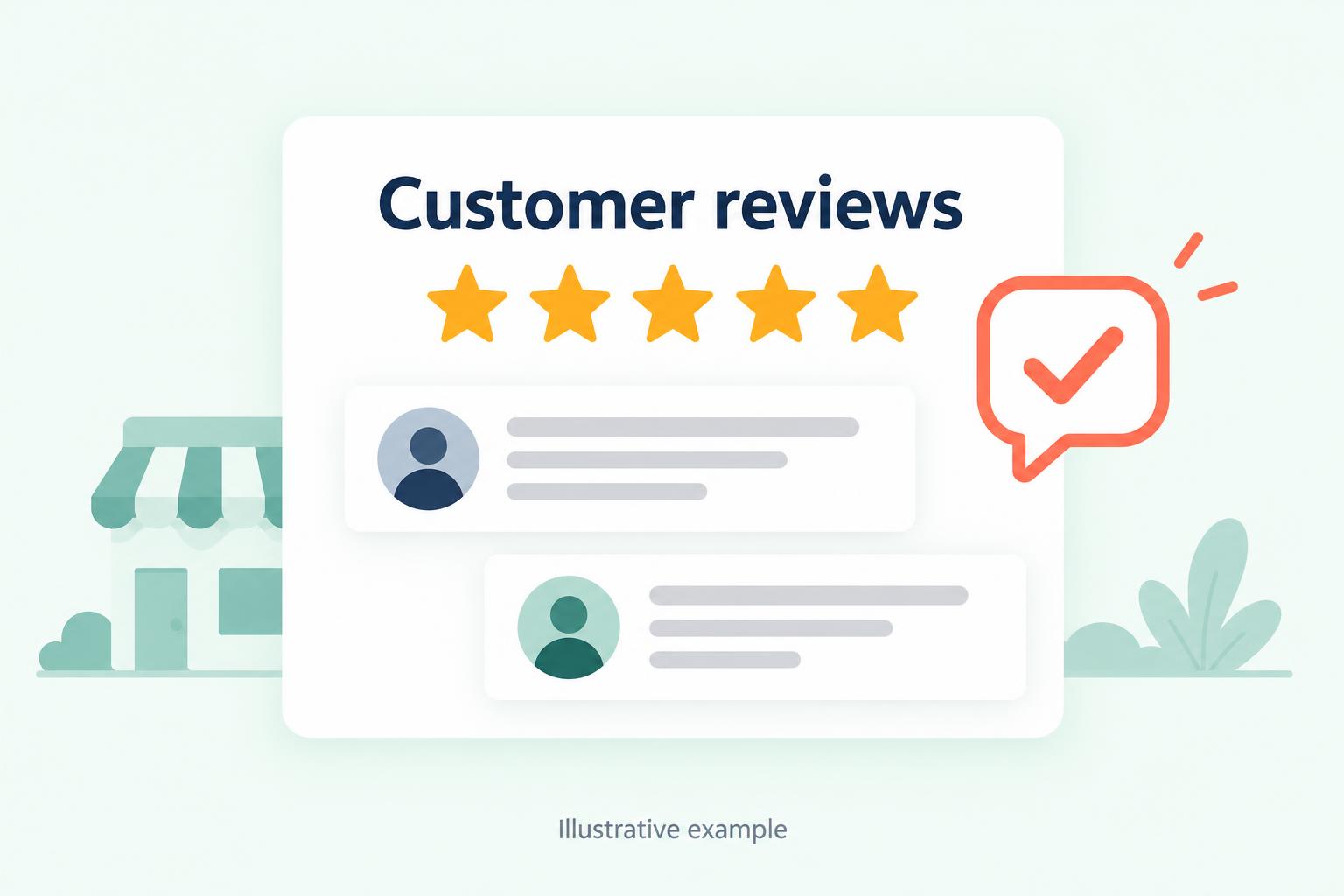 Illustration of customer review cards with stars and a feedback speech bubble