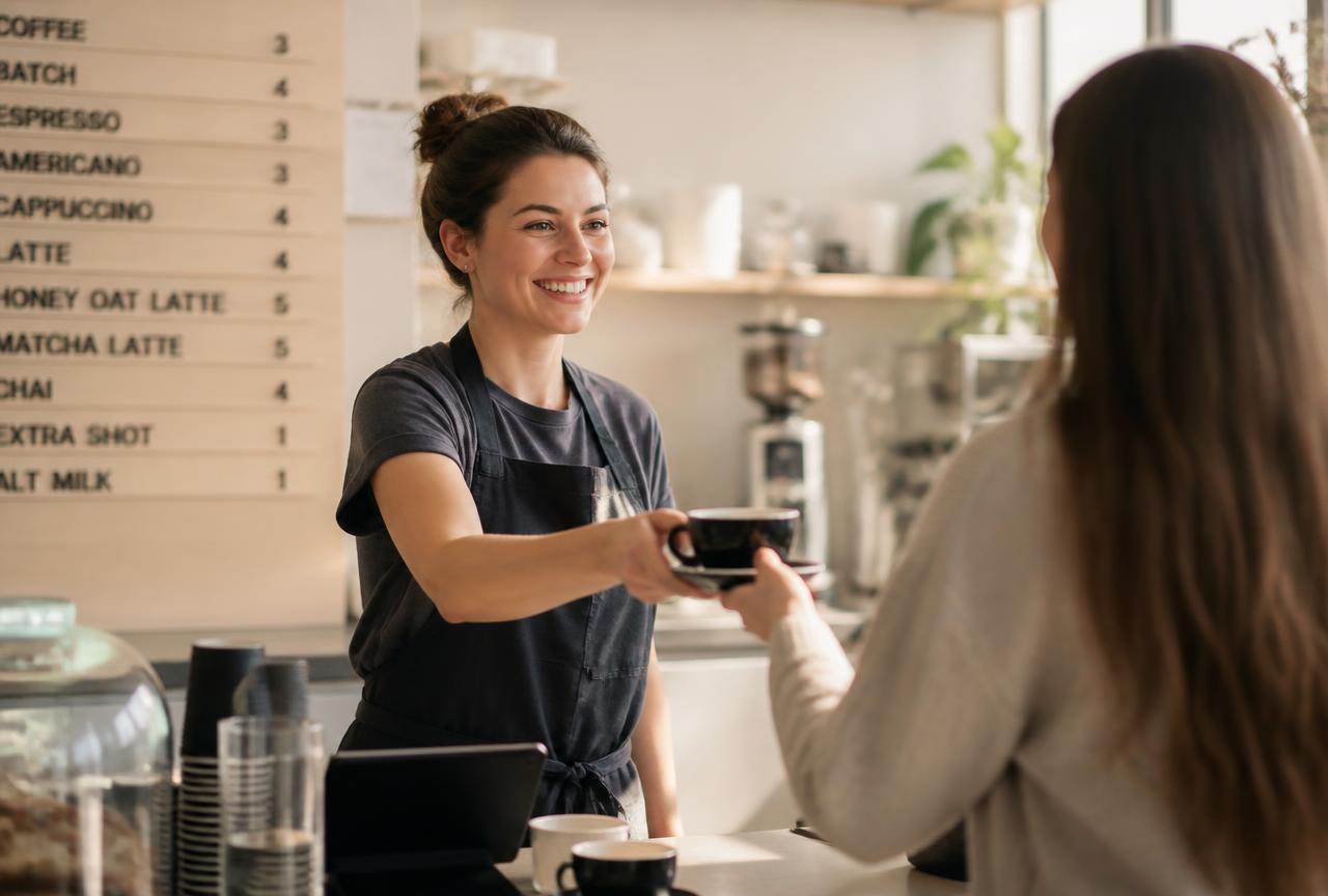 Barista handing a coffee to a customer