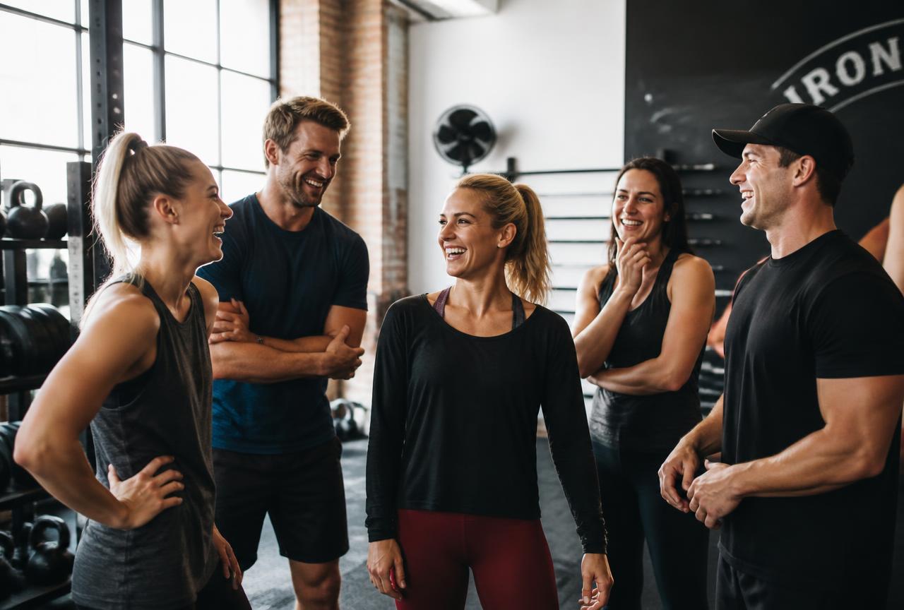 Fitness studio team talking together