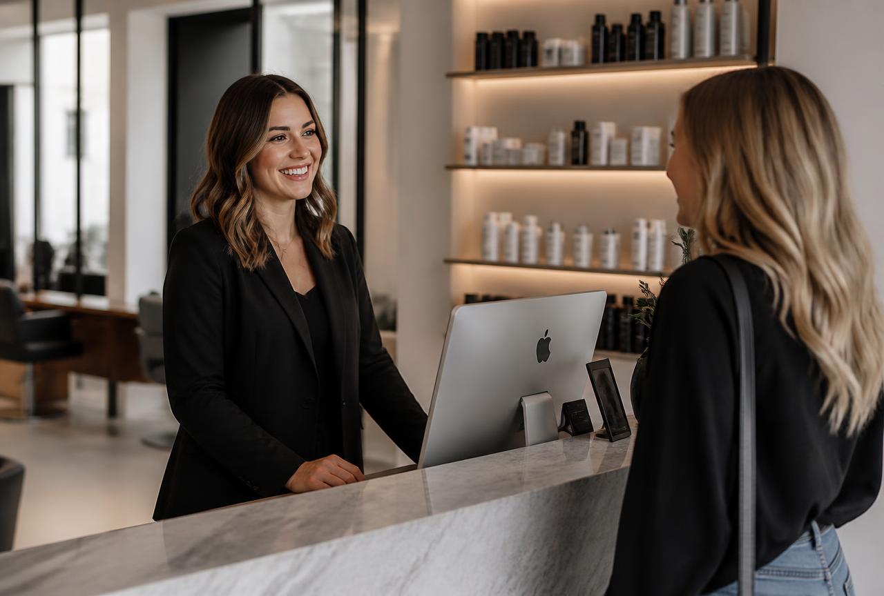 Salon owner welcoming a client at reception