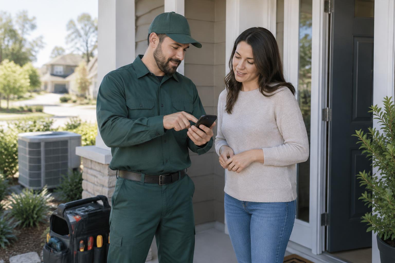 HVAC technician showing a homeowner a review link after a completed visit