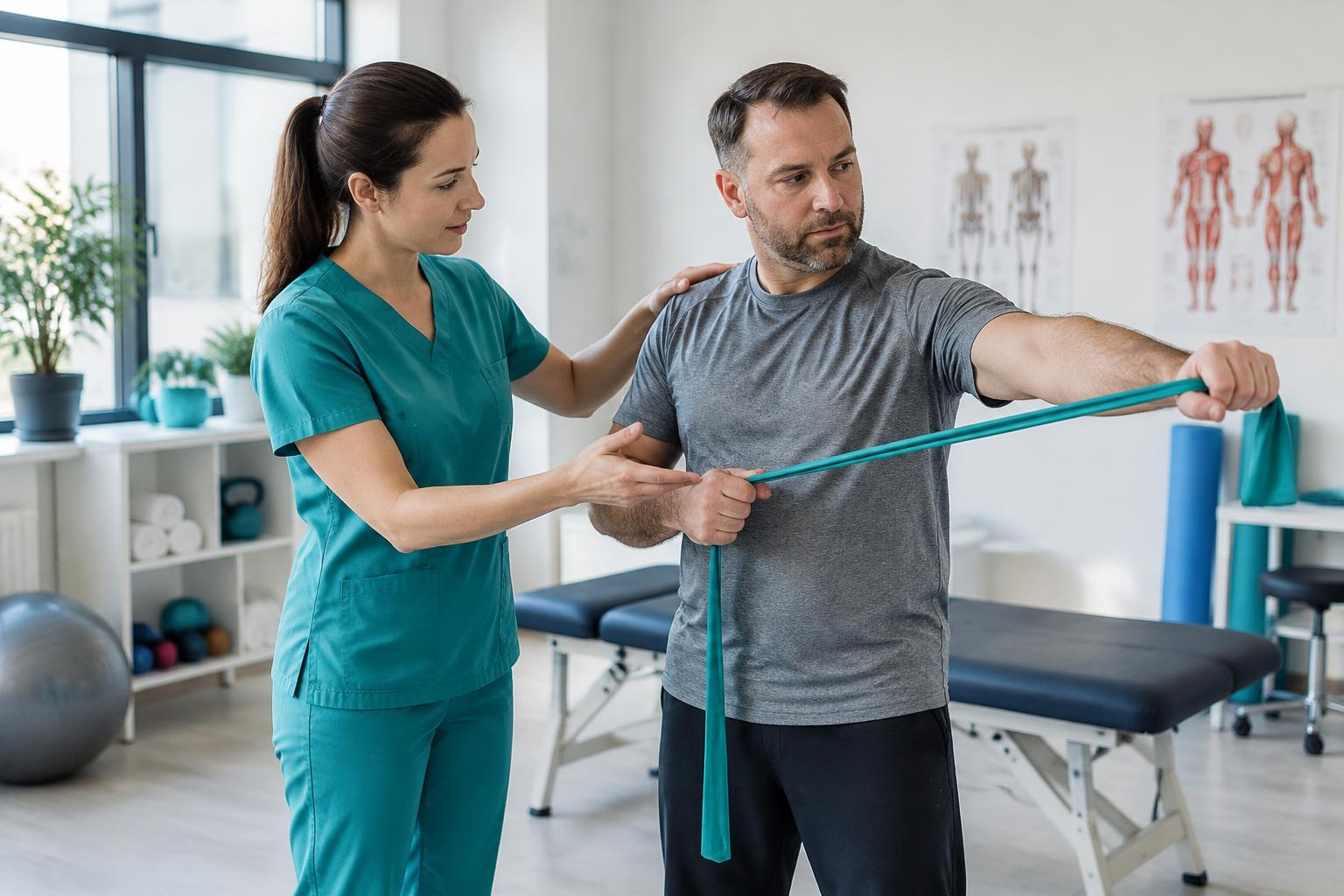 Physiotherapist guiding a client through a shoulder exercise with a resistance band
