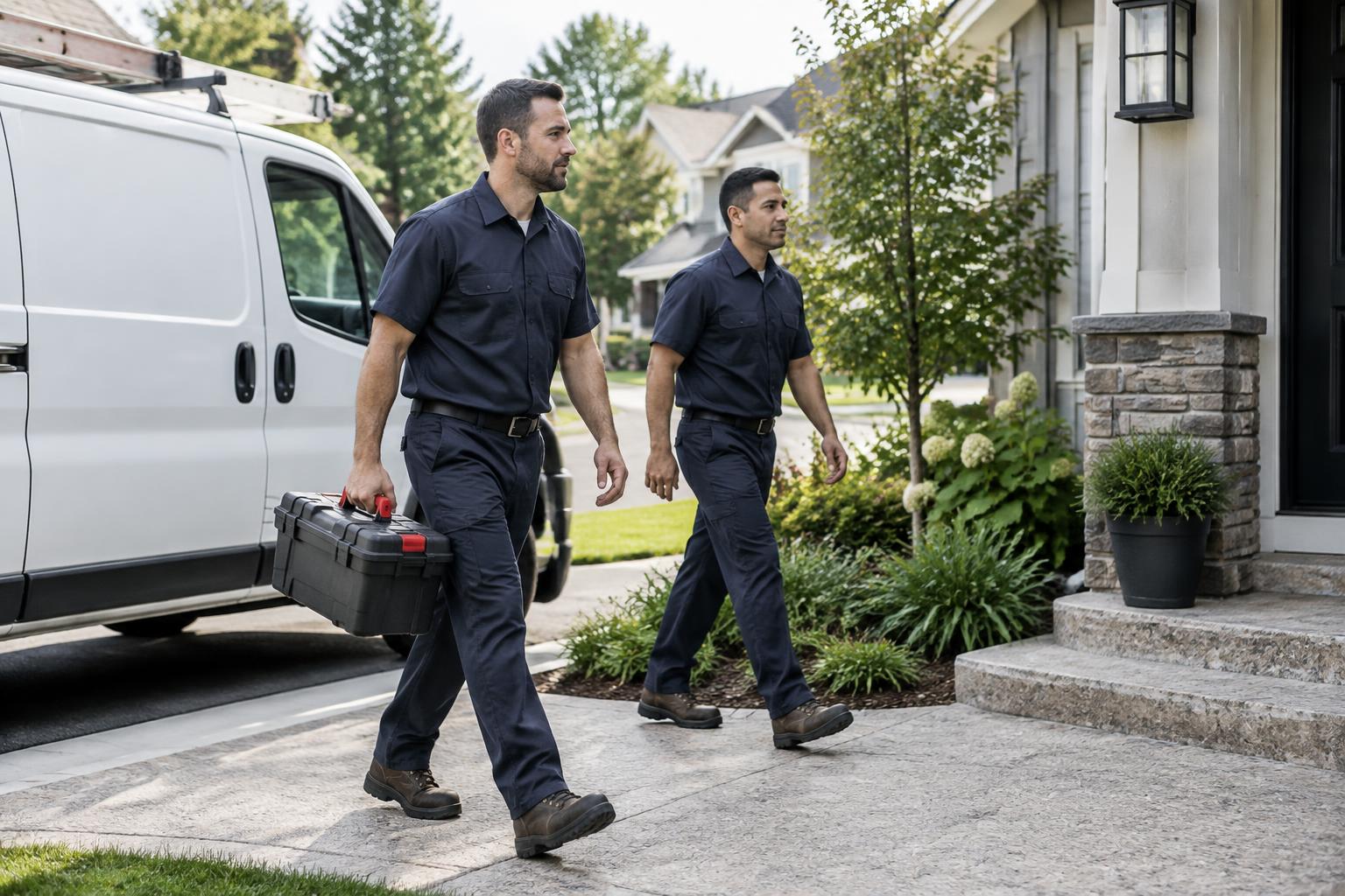 Two home-service technicians carrying a toolbox from their van toward a customer's home
