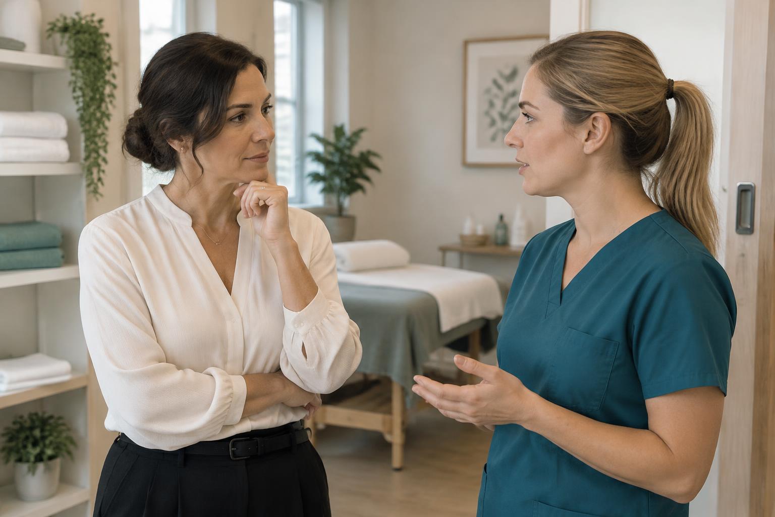 Wellness clinic owner listening thoughtfully to a colleague during a calm team conversation