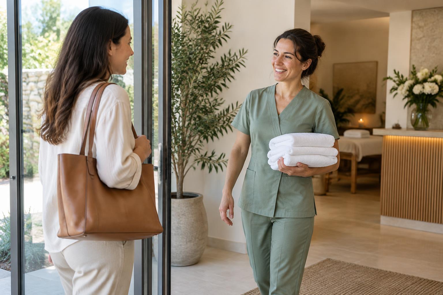 Massage therapist holding fresh towels while welcoming a client into her wellness studio